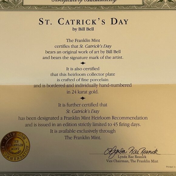 Franklin Mint "St. Catrick's Day" March Collector Plate in the Bill Bell Cat Set - Picture 9 of 9